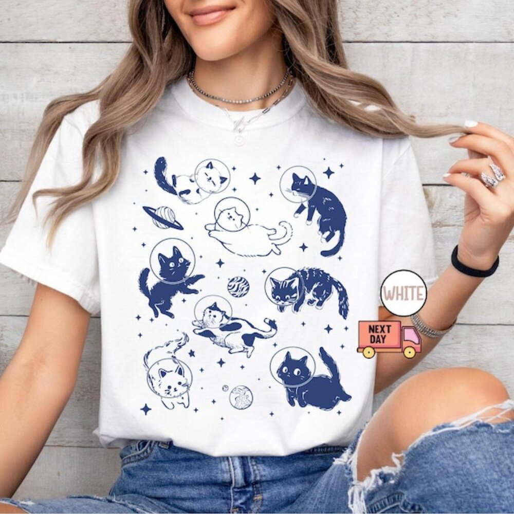 Cats in Space Shirt, Funny Cat Tshirt, Oversized Shirt